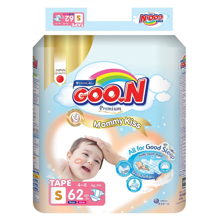 Combo 3 bịch tã  Dán Goon Mommy Kiss Size S 62 miếng cho trẻ 4-8 kg