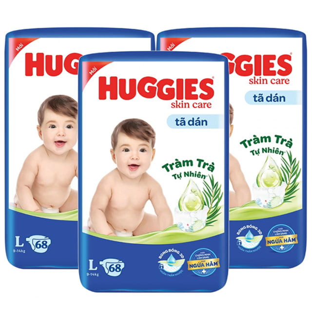 Combo 3 bịch Tã dán Huggies size L 68 miếng cho trẻ 9-14kg