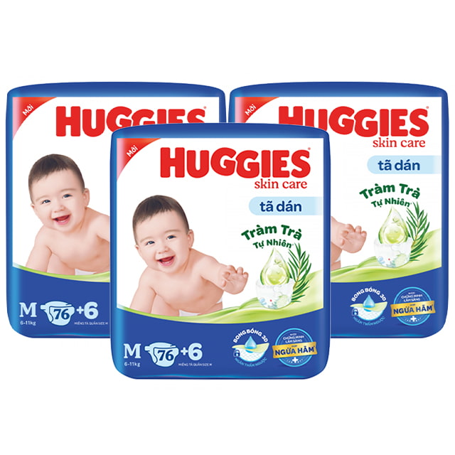 Combo 3 bịch Tã dán Huggies size M 76 miếng cho trẻ 6-11kg