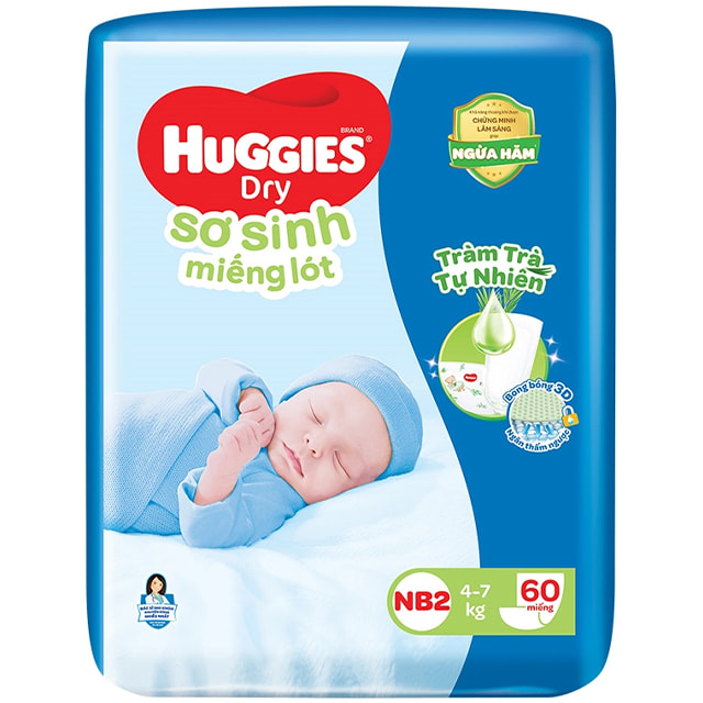 Miếng lót sơ sinh Huggies Newborn 2, 60 miếng cho trẻ 4-7 kg