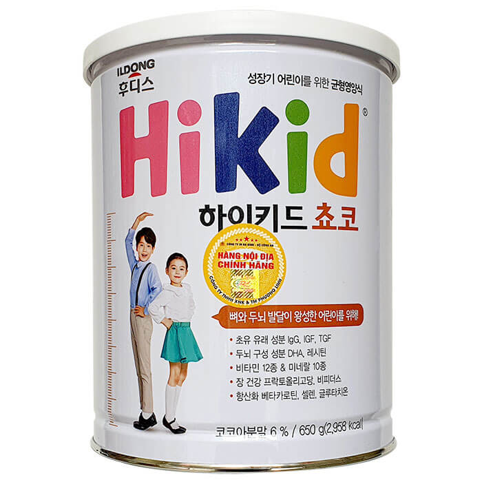 Sữa Hikid Hàn Quốc vị Socola lon 650g cho trẻ 1-9 tuổi.