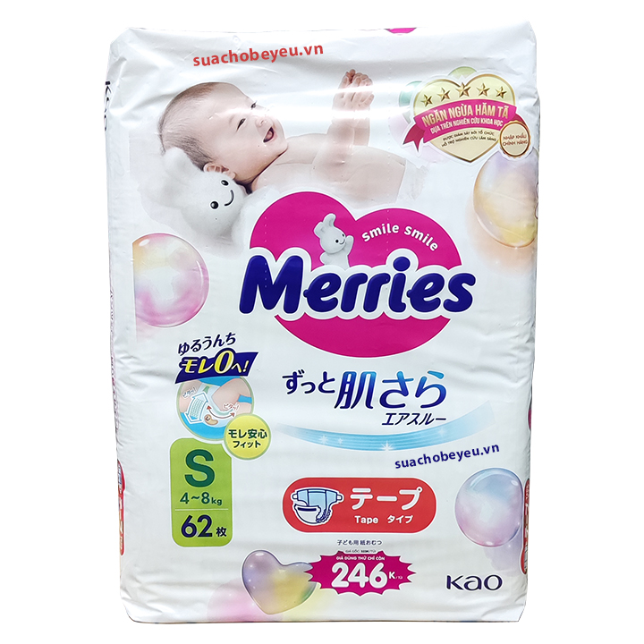 Tã dán Merries nhập khẩu Nhật Size S 62 miếng, 4-8 kg