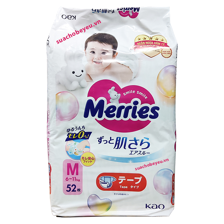 Tã dán Merries nhập khẩu Size M 52 miếng, 6 - 11 kg