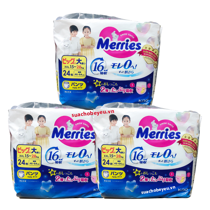 Combo 3 bịch Tã Quần Merries nhập khẩu size XXL 26 miếng