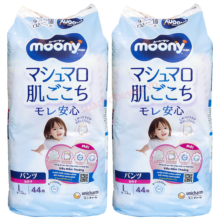 Combo 2 bịch Tã Quần Moony Bé Gái size L 44 miếng cho bé 9-14kg