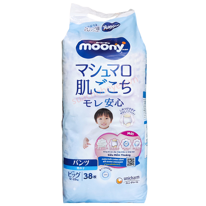 Tã Quần Moony bé trai size XL 38 miếng, 12-22kg