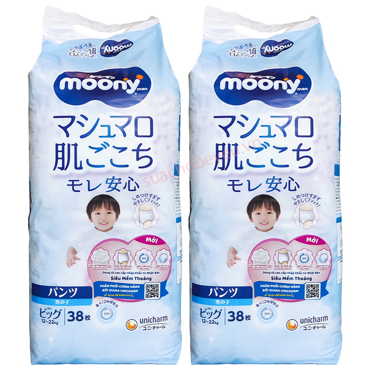 Combo 2 bịch Tã Quần Moony Bé Trai size XL 38 miếng cho bé 12-22kg