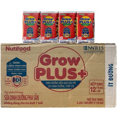 Thùng Sữa bột pha sẵn Nuti Grow Plus+ Đỏ Ít đường hộp 110ml