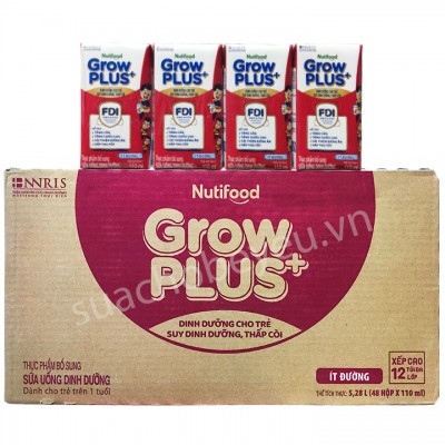 Thùng Sữa bột pha sẵn Nuti Grow Plus+ Đỏ Ít đường hộp 110ml