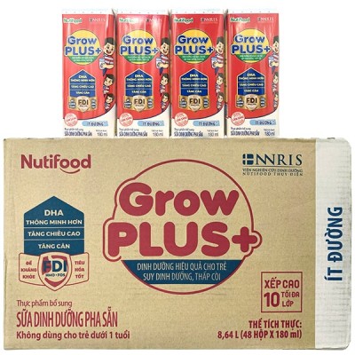 Thùng sữa bột pha sẵn Nuti Grow Plus + Đỏ Ít đường hộp 180ml