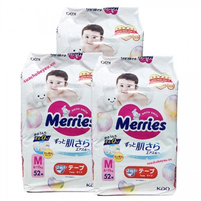 Combo 3 bịch Tã Dán Merries size M 52 miếng nhập khẩu Nhật Combo 3 bịch Tã Dán Merries size M 52 miếng nhập khẩu Nhật