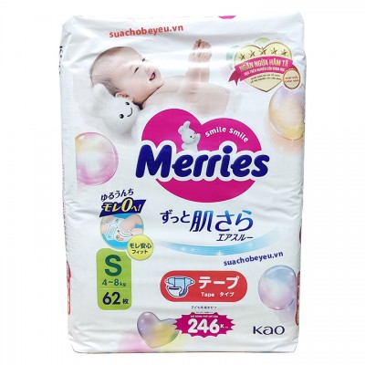 Tã dán Merries nhập khẩu Nhật Size S 62 miếng, 4-8 kg