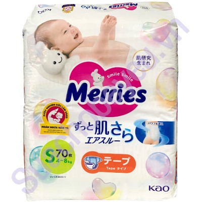 Tã dán Merries nhập khẩu Nhật Size S 70 miếng, 4-8 kg