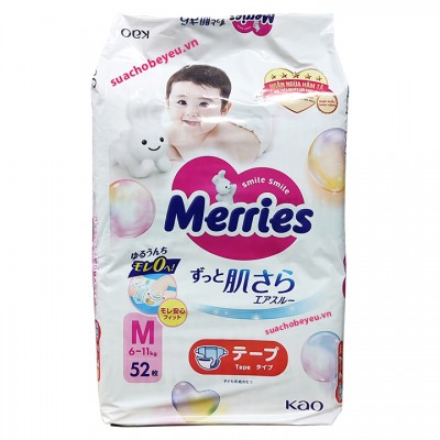 Tã dán Merries nhập khẩu Size M 52 miếng, 6 - 11 kg Tã dán Merries nhập khẩu Size M 52 miếng, 6 - 11 kg