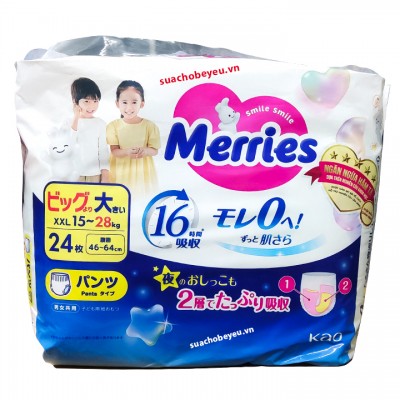 Tã Quần Merries nhập khẩu size XXL 24 miếng cho trẻ 15-28kg
