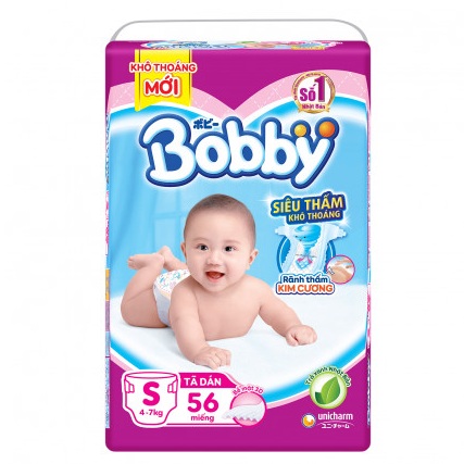 Tã dán Bobby siêu thấm khô thoáng size S 56 miếng cho trẻ từ 4- 7kg