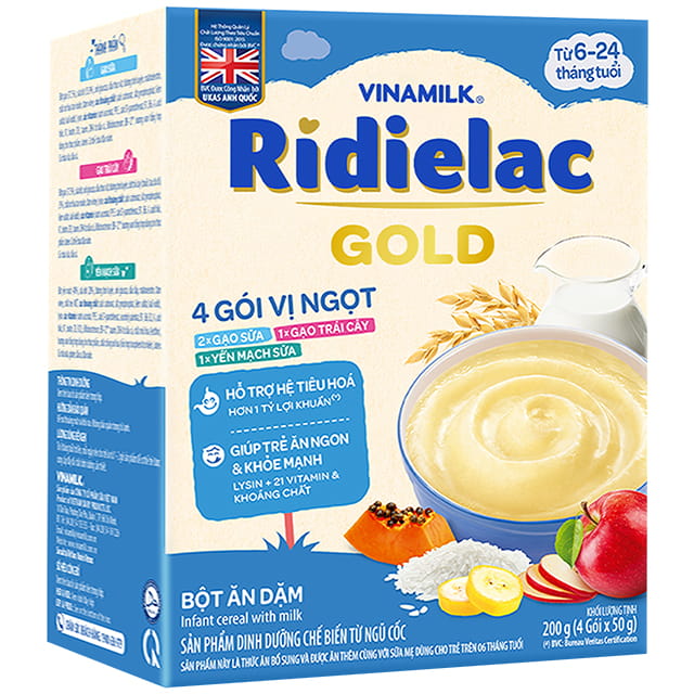 Bột Ăn Dặm Ridielac Gold 4 gói 3 vị ngọt, hộp 200g