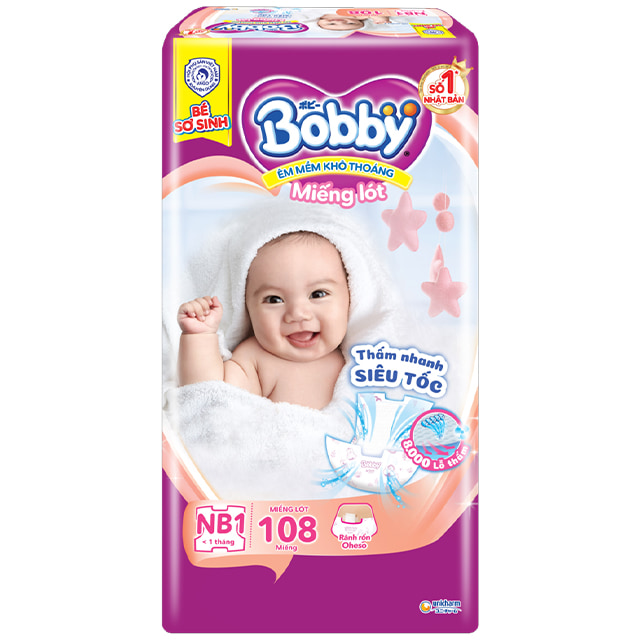 Miếng lót Bobby Newborn 1 108 miếng, trẻ trên 1 tháng tuổi