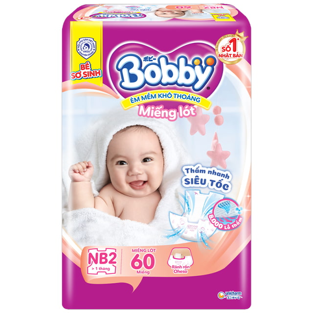 Miếng lót Bobby Newborn 2, 60 miếng, trẻ trên 1 tháng tuổi