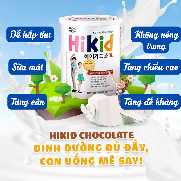 Sữa Hikid Hàn Quốc vị Socola lon 650g cho trẻ 1-9 tuổi