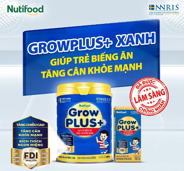 Sữa NutiFood Grow Plus + Xanh lon 1.5kg cho trẻ trên 1 tuổi