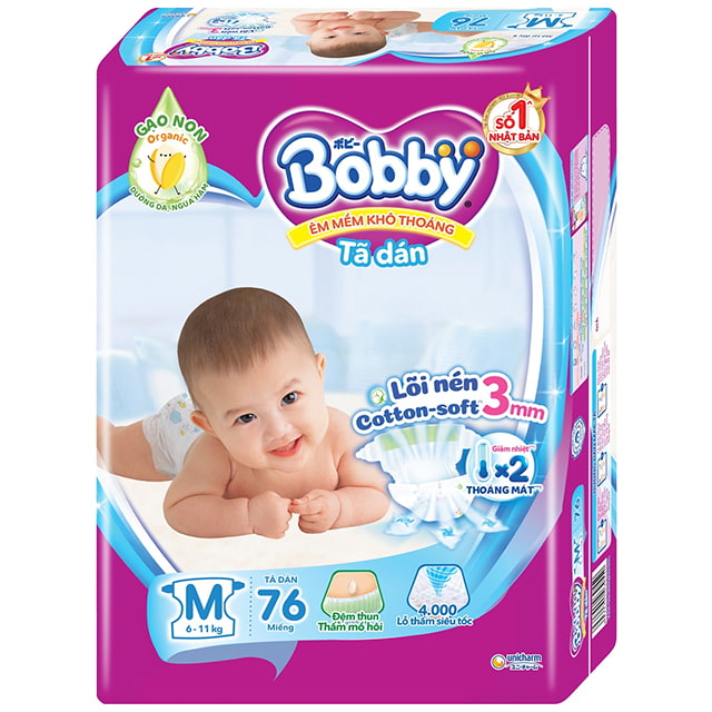 Tã dán Bobby size M 76 miếng cho trẻ từ 6-11kg