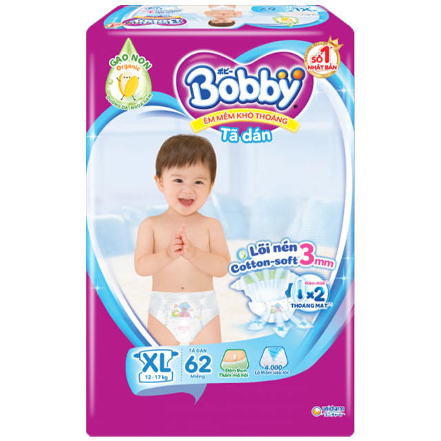 Tã dán Bobby size XL 62 miếng cho trẻ từ 12-17kg