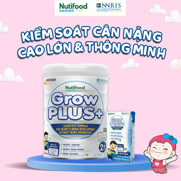 Sữa bột Nuti Grow Plus + trắng lon 850g cho trẻ thừa cân béo phì trên 2 tuổi