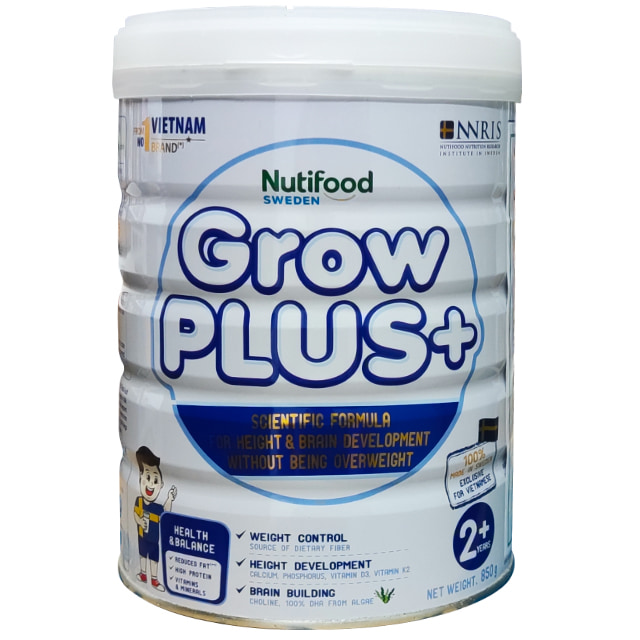 Sữa bột Nuti Grow Plus + trắng lon 850g cho trẻ thừa cân béo phì trên 2 tuổi