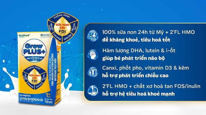 Sữa pha sẵn Nuti Grow Plus + Vàng hộp 110ml cho trẻ từ 1 tuổi