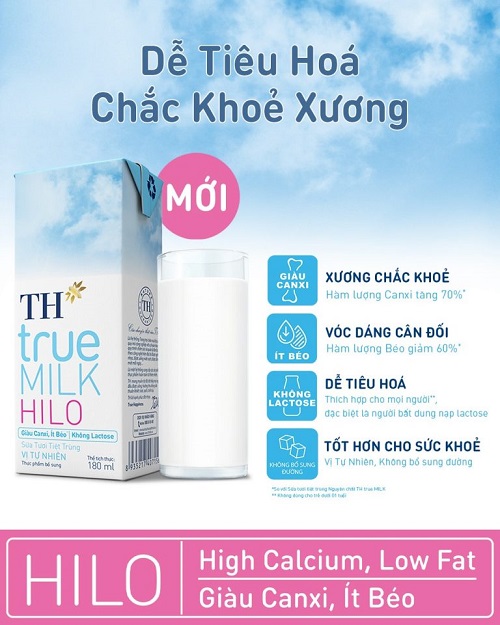 Sữa tươi TH True Milk HILO giàu canxi, it béo, không đường lactose hộp 180ml