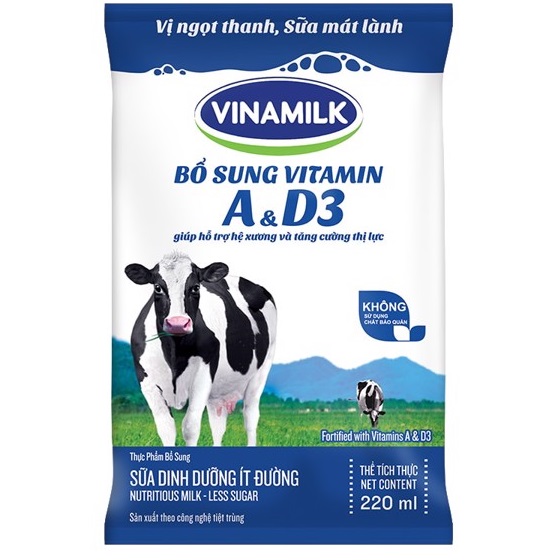 sữa tươi tiệt trùng vinamilk ít đường bịch 220ml