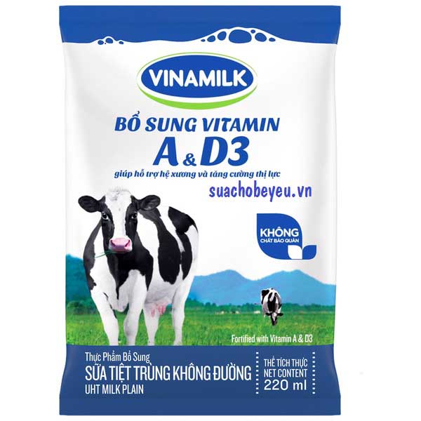 Sữa tiệt trùng Vinamilk không đường bịch 220ml
