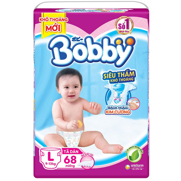 Tã dán Bobby siêu thấm khô thoáng size L 68 miếng cho trẻ từ 9-13kg