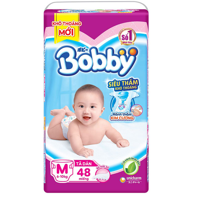 Tã dán Bobby siêu thấm khô thoáng size m 48 miếng cho trẻ từ 6- 10kg