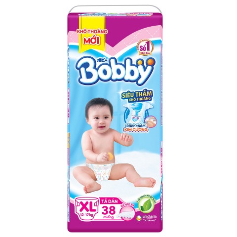 Tã dán Bobby siêu thấm khô thoáng size XL 38 miếng cho trẻ từ 12-17kg