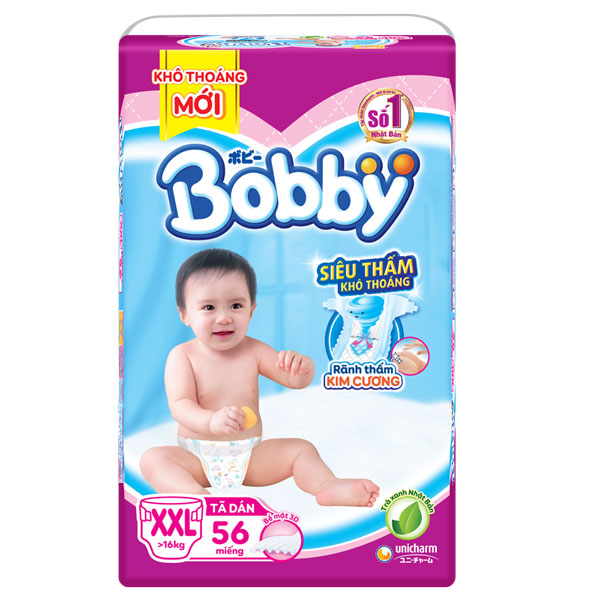 Tã dán Bobby siêu thấm khô thoáng size XXL 56 miếng cho trẻ trên 16kg