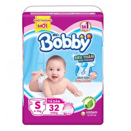 Tã dán Bobby siêu thấm khô thoáng size S 32 miếng cho trẻ từ 4- 7kg