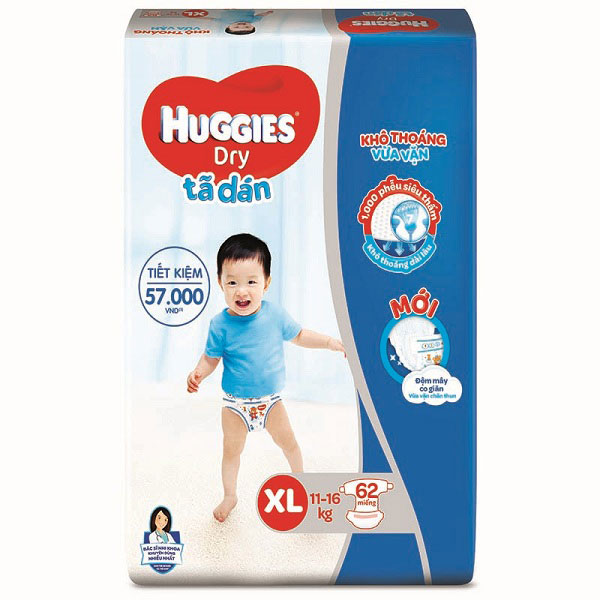 Tã dán Huggies size XL 62 miếng cho trẻ 11-16 kg 