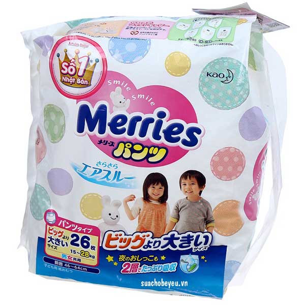 Tã quần Merries Size XXL - 26 miếng, cho trẻ 15 đến 28 kg