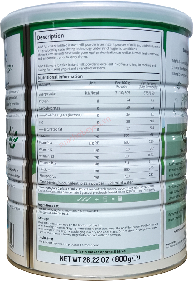 Sữa bột Arla nguyên kem lon 800g