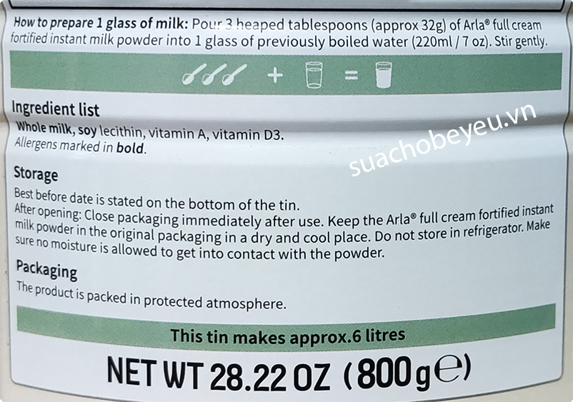 Sữa bột Arla nguyên kem lon 800g