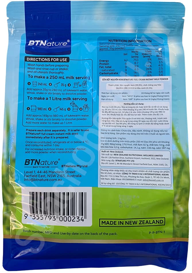 Sữa bột Nguyên kem BTNature Úc Bịch 1kg
