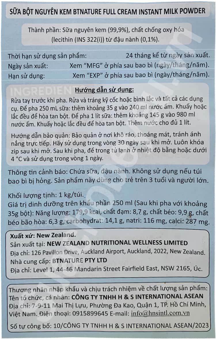 Sữa bột Nguyên kem BTNature Úc Bịch 1kg