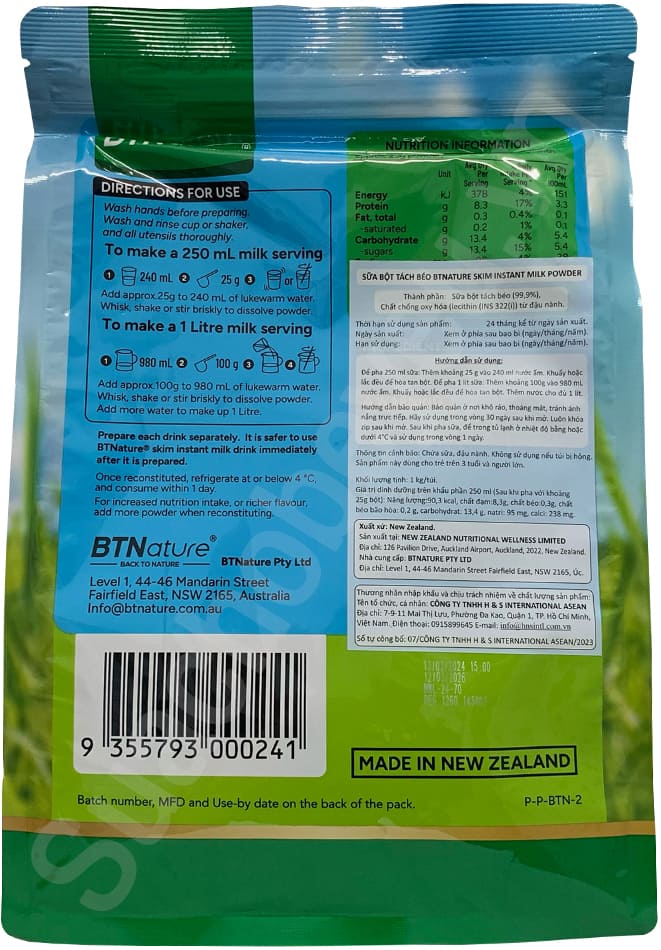 Sữa bột Tách béo BTNature Úc Bịch 1kg