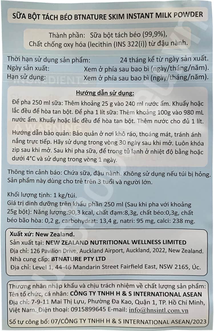 Sữa bột Tách béo BTNature Úc Bịch 1kg