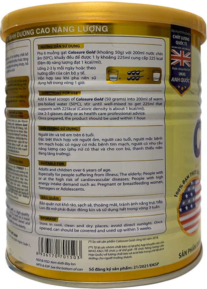 Sữa Calosure Gold Ít Đường lon 400g cho người lớn tuổi