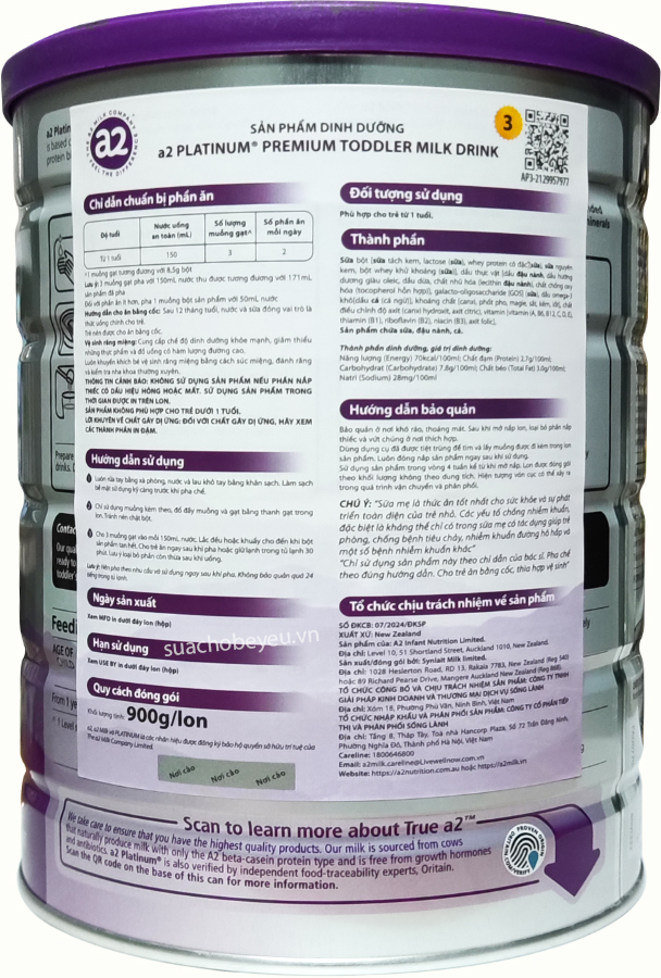 Sữa a2 Platinum số 3 lon 900g cho trẻ từ 1 tuổi