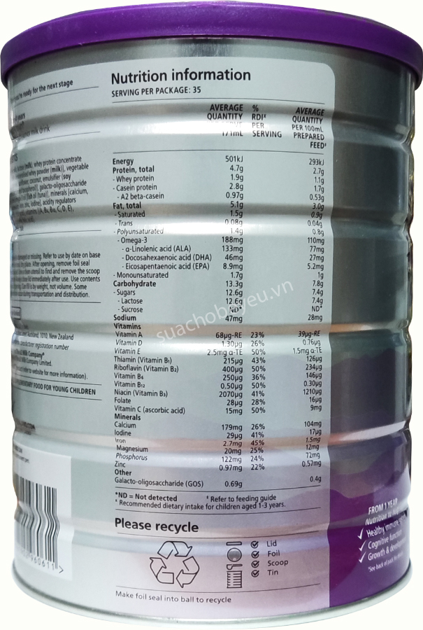 Sữa a2 Platinum số 3 lon 900g cho trẻ từ 1 tuổi