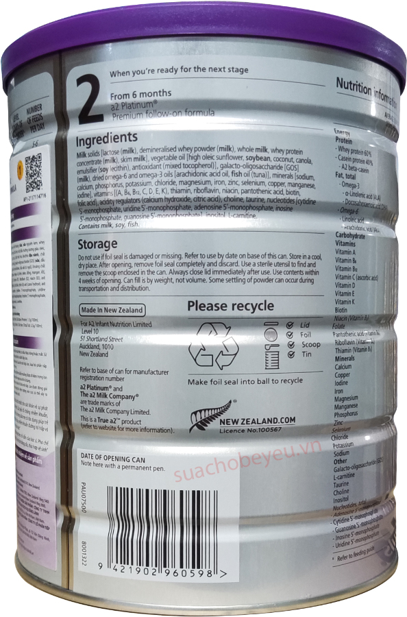 Sữa a2 Platinum số 1 lon 900g cho trẻ từ 0 đến 6 tháng